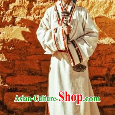 China Zang Nationality Stage Performance White Robe Clothing Traditional Xizang Tibetan Minority Female Costume
