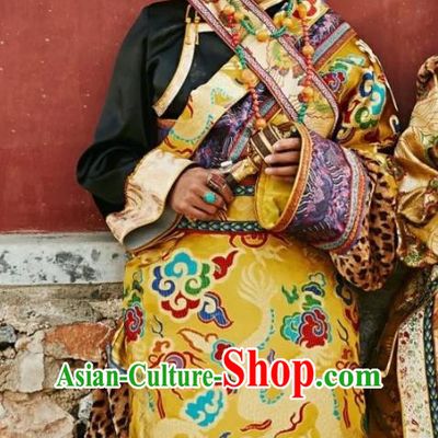 Chinese Xizang Ethnic Minority Golden Brocade Tibetan Robe Traditional Zang Nationality Male Costumes