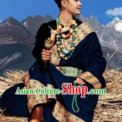 Chinese Xizang Ethnic Minority Wedding Royalblue Tibetan Robe Traditional Zang Nationality Stage Performance Costumes