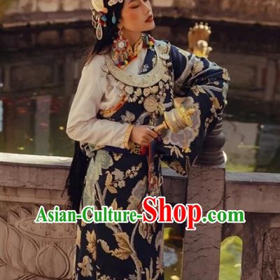 China Zang Nationality Stage Performance Navy Brocade Robe Traditional Xizang Tibetan Minority Wedding Clothing