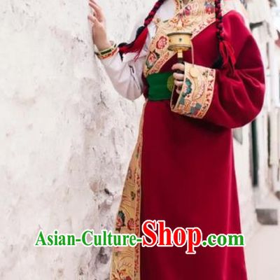 China Traditional Xizang Tibetan Minority Stage Performance Clothing Zang Nationality Folk Dance White Shirt and Red Robe