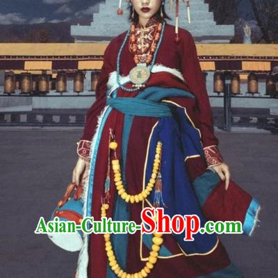 China Zang Nationality Dark Red Woolen Robe Traditional Xizang Tibetan Minority Wedding Bride Clothing