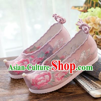China Traditional Ming Dynasty Princess Shoes Handmade Pink Cloth Shoes National Embroidered Peony Hanfu Shoes