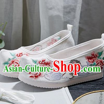 China Handmade Ancient Princess White Cloth Shoes National Embroidered Peony Shoes Traditional Hanfu Shoes