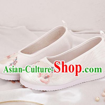China Traditional Hanfu White Satin Shoes Handmade Ancient Princess Shoes National Embroidered Phoenix Shoes