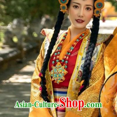 China Zang Nationality Noble Queen Clothing Traditional Xizang Tibetan Minority Golden Brocade Outfits