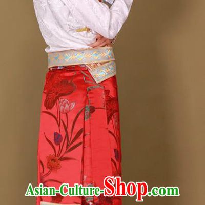 Chinese Tibetan Ethnic Heishui Dance Clothing Zang Nationality Woman Red Brocade Skirt