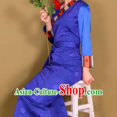 China Zang Nationality Young Lady Clothing Traditional Xizang Minority Royalblue Bola Dress