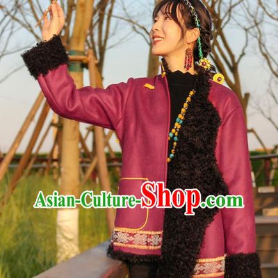 Chinese Tibetan Ethnic Winter Outer Garment Clothing Zang Nationality Woman Wine Red Brushed Jacket