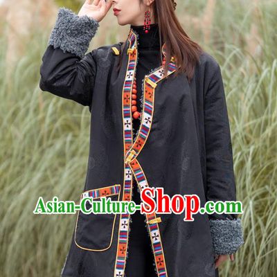 Chinese Traditional Tibetan Ethnic Winter Outer Garment Clothing Zang Nationality Black Satin Cotton Wadded Jacket