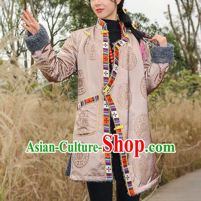Chinese Zang Nationality Apricot Brocade Cotton Wadded Jacket Traditional Tibetan Ethnic Winter Overcoat Clothing