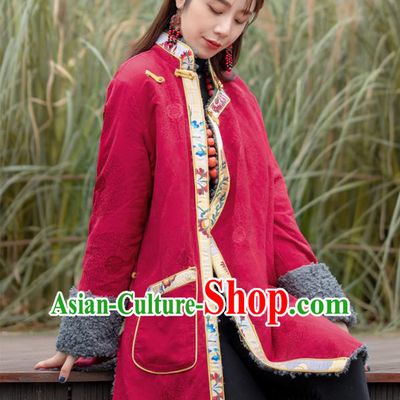 Chinese Traditional Tibetan Ethnic Greatcoat Clothing Zang Nationality Winter Red Brocade Cotton Wadded Coat