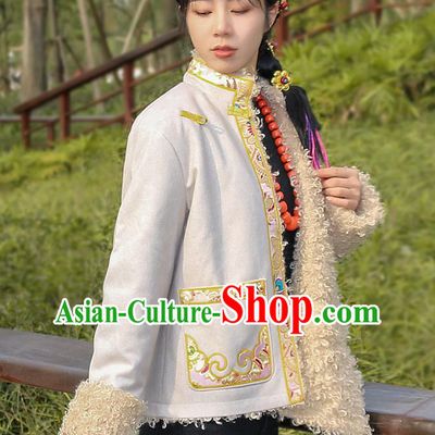 Chinese Traditional Tibetan Ethnic Female Greatcoat Clothing Zang Nationality Winter Embroidered Beige Jacket