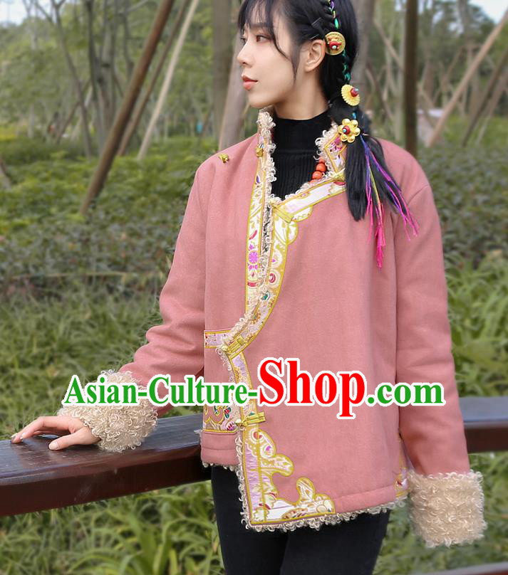 Chinese Zang Nationality Winter Embroidered Pink Jacket Traditional Tibetan Ethnic Female Outer Garment Clothing Chinese Zang Nationality Winter Embroidered Pink Jacket Traditional Tibetan Ethnic Female Outer Garment Clothing