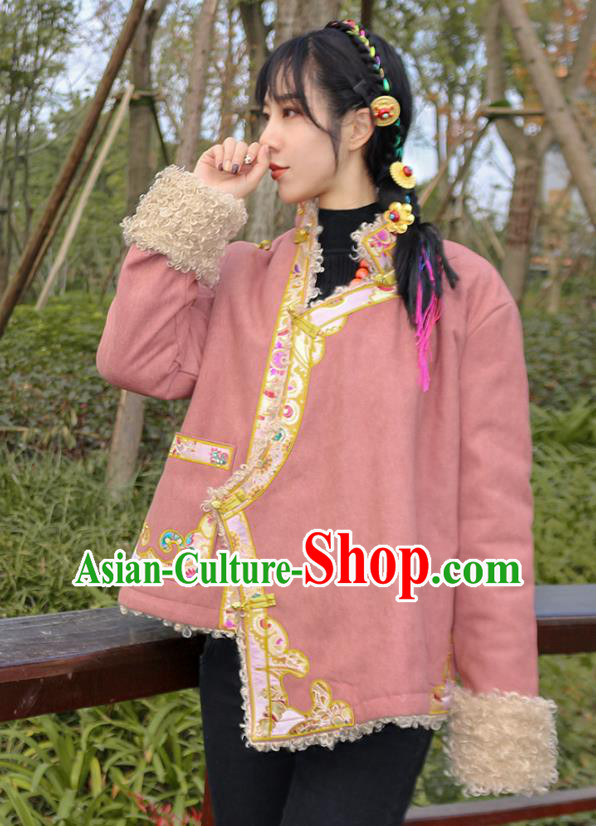 Chinese Zang Nationality Winter Embroidered Pink Jacket Traditional Tibetan Ethnic Female Outer Garment Clothing Chinese Zang Nationality Winter Embroidered Pink Jacket Traditional Tibetan Ethnic Female Outer Garment Clothing
