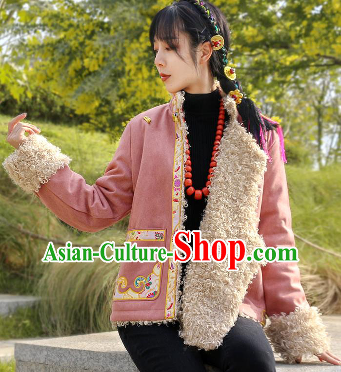 Chinese Zang Nationality Winter Embroidered Pink Jacket Traditional Tibetan Ethnic Female Outer Garment Clothing Chinese Zang Nationality Winter Embroidered Pink Jacket Traditional Tibetan Ethnic Female Outer Garment Clothing