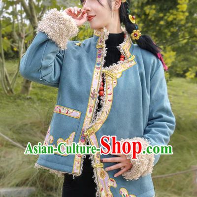 Chinese Zang Nationality Winter Embroidered Blue Jacket Clothing Traditional Tibetan Ethnic Lamb Wool Outer Garment