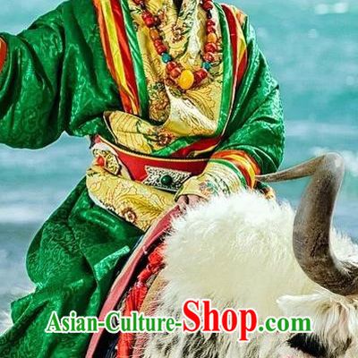China Zang Nationality Folk Dance Clothing Traditional Xizang Tibetan Minority Wedding Bride Green Brocade Robe
