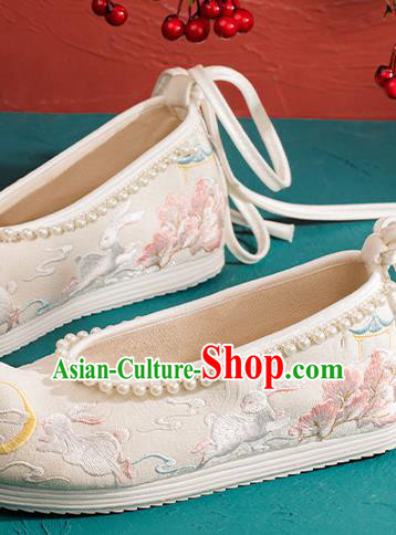 China Traditional Ming Dynasty Princess Shoes Handmade Hanfu Bow Shoes Embroidered Rabbits Pearls Shoes China Traditional Ming Dynasty Princess Shoes Handmade Hanfu Bow Shoes Embroidered Rabbits Pearls Shoes