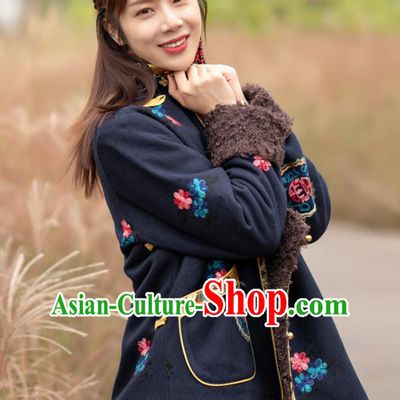 Chinese Traditional Zang Nationality Winter Clothing Lamb Wool Outer Garment Tibetan Ethnic Embroidered Navy Jacket