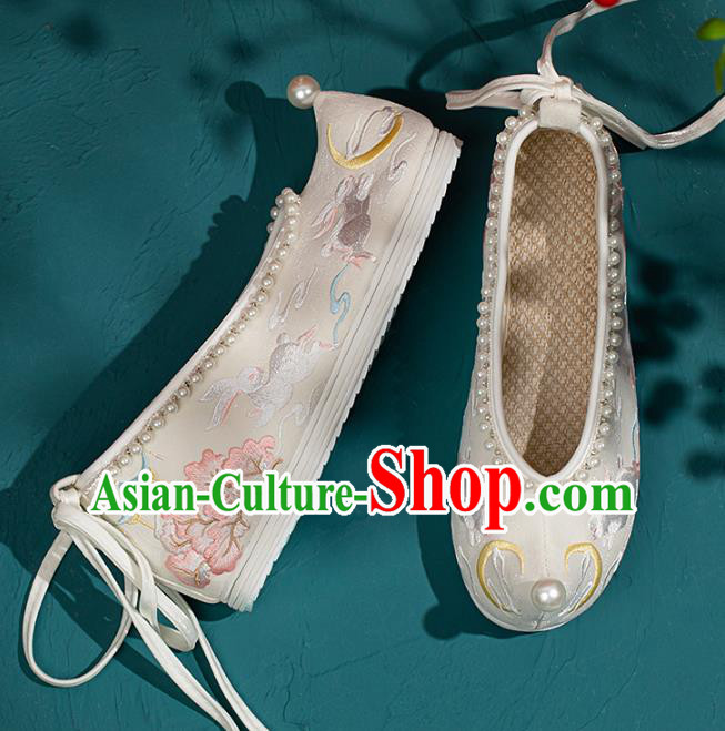 China Traditional Ming Dynasty Princess Shoes Handmade Hanfu Bow Shoes Embroidered Rabbits Pearls Shoes China Traditional Ming Dynasty Princess Shoes Handmade Hanfu Bow Shoes Embroidered Rabbits Pearls Shoes