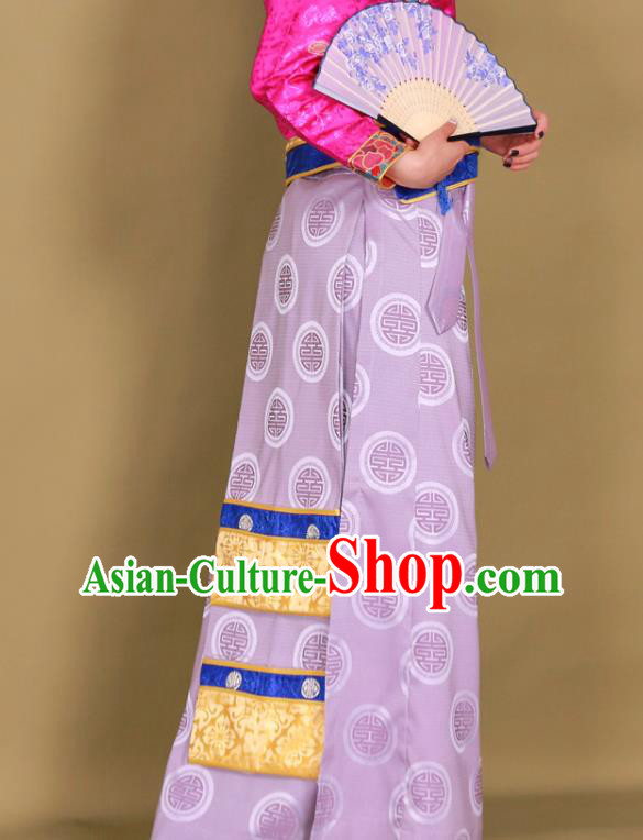 Chinese Tibetan Ethnic Lilac Brocade Skirt Traditional Zang Nationality Heishui Dance Clothing Chinese Tibetan Ethnic Lilac Brocade Skirt Traditional Zang Nationality Heishui Dance Clothing