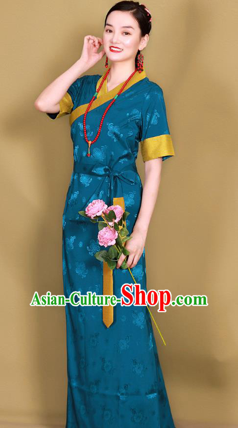 China Traditional Tibetan Blue Brocade Bola Dress Costume Zang Nationality Minority Woman Clothing China Traditional Tibetan Blue Brocade Bola Dress Costume Zang Nationality Minority Woman Clothing
