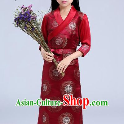 Chinese Xizang Ethnic Minority Girl Wine Red Brocade Dress Traditional Zang Nationality Children Costumes