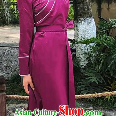 China Traditional Zang Nationality Costume Tibetan Ethnic Woman Purple Bola Dress Clothing