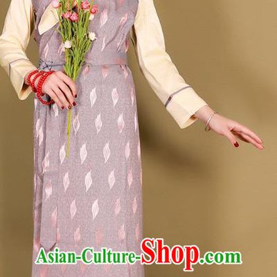 China Traditional Zang Minority Costume Xizang Tibetan Ethnic Woman Lilac Bola Dress Clothing