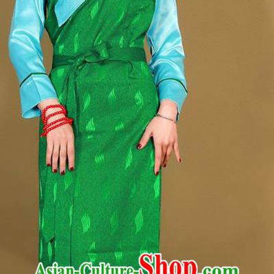 China Xizang Ethnic Woman Clothing Traditional Tibetan Green Bola Dress Zang Minority Costume