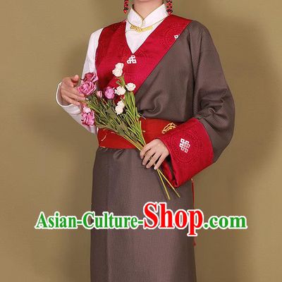 China Traditional Brown Tibetan Robe Zang Minority Costume Xizang Ethnic Woman Clothing