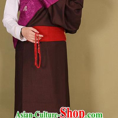 China Xizang Ethnic Folk Dance Clothing Traditional Brown Tibetan Robe Zang Minority Woman Costume