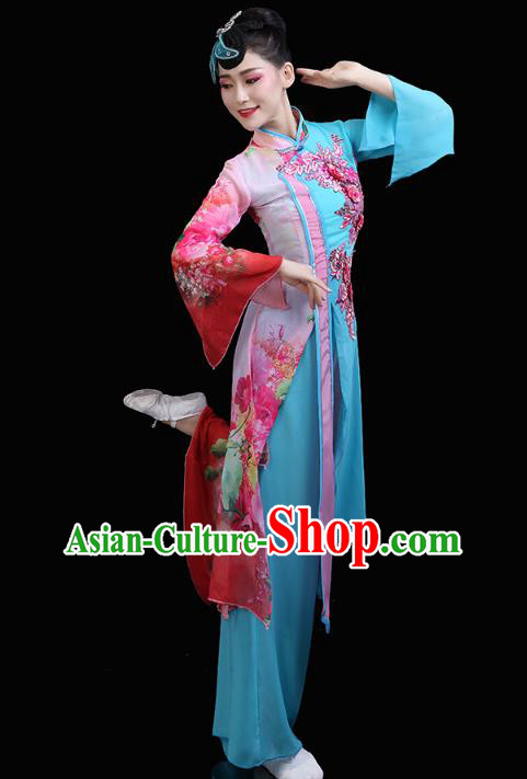 Chinese Classical Dance Embroidered Blue Dress Traditional Woman Group Dance Costume Umbrella Dance Clothing Chinese Classical Dance Embroidered Blue Dress Traditional Woman Group Dance Costume Umbrella Dance Clothing