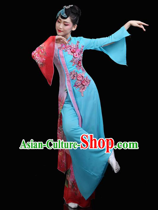 Chinese Classical Dance Embroidered Blue Dress Traditional Woman Group Dance Costume Umbrella Dance Clothing Chinese Classical Dance Embroidered Blue Dress Traditional Woman Group Dance Costume Umbrella Dance Clothing