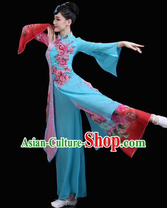 Chinese Classical Dance Embroidered Blue Dress Traditional Woman Group Dance Costume Umbrella Dance Clothing Chinese Classical Dance Embroidered Blue Dress Traditional Woman Group Dance Costume Umbrella Dance Clothing