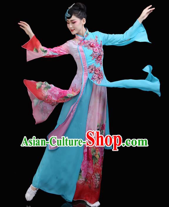 Chinese Classical Dance Embroidered Blue Dress Traditional Woman Group Dance Costume Umbrella Dance Clothing Chinese Classical Dance Embroidered Blue Dress Traditional Woman Group Dance Costume Umbrella Dance Clothing
