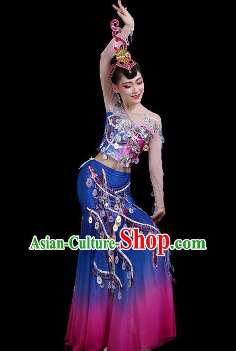 Chinese Yunnan Ethnic Peacock Dance Sequins Dress Traditional Dai Nationality Performance Costume Chinese Yunnan Ethnic Peacock Dance Sequins Dress Traditional Dai Nationality Performance Costume