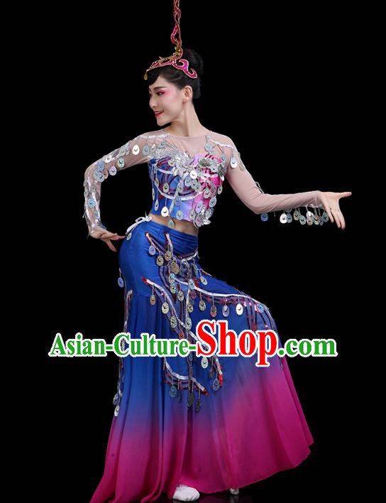 Chinese Yunnan Ethnic Peacock Dance Sequins Dress Traditional Dai Nationality Performance Costume Chinese Yunnan Ethnic Peacock Dance Sequins Dress Traditional Dai Nationality Performance Costume