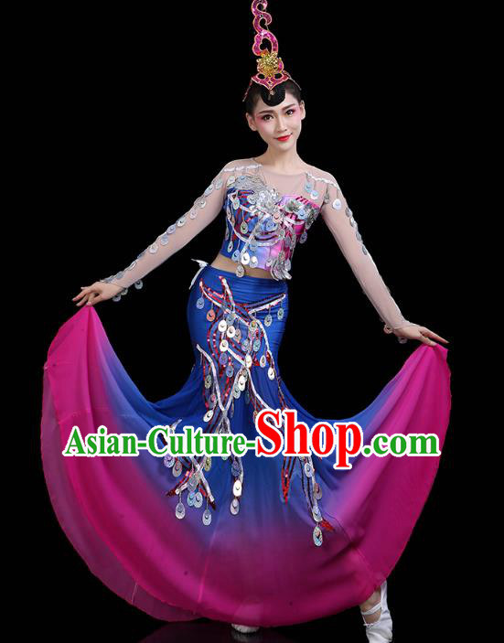 Chinese Yunnan Ethnic Peacock Dance Sequins Dress Traditional Dai Nationality Performance Costume Chinese Yunnan Ethnic Peacock Dance Sequins Dress Traditional Dai Nationality Performance Costume