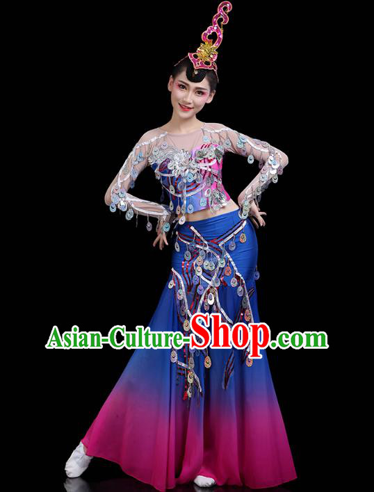 Chinese Yunnan Ethnic Peacock Dance Sequins Dress Traditional Dai Nationality Performance Costume Chinese Yunnan Ethnic Peacock Dance Sequins Dress Traditional Dai Nationality Performance Costume