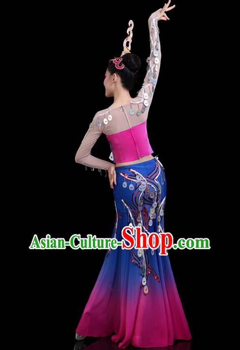 Chinese Yunnan Ethnic Peacock Dance Sequins Dress Traditional Dai Nationality Performance Costume Chinese Yunnan Ethnic Peacock Dance Sequins Dress Traditional Dai Nationality Performance Costume