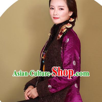 Chinese Traditional Winter Clothing Tibetan Ethnic Purple Brocade Cotton Wadded Jacket Zang Nationality Woman Outer Garment