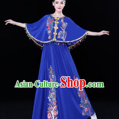 Chinese Yunnan Ethnic Folk Dance Blue Dress Traditional Dai Nationality Performance Embroidered Costume