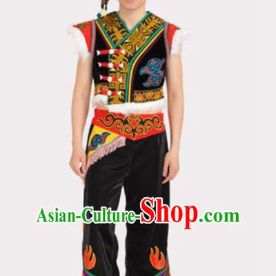 Chinese Traditional Yi Minority Male Stage Performance Black Outfits Liangshan Ethnic Folk Dance Clothing