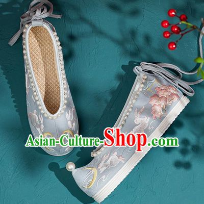 China Embroidered Rabbits Pearls Shoes Traditional Ming Dynasty Princess Shoes Handmade Hanfu Blue Bow Shoes