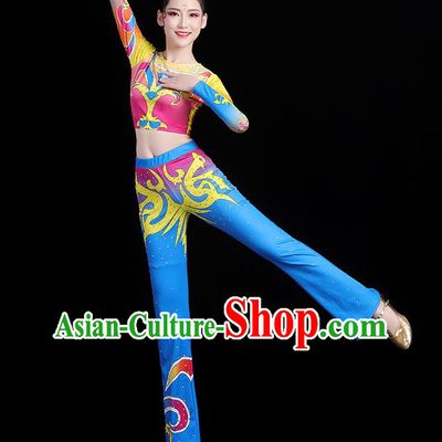 China Aerobics Bodybuilding Competition Clothing Group Dance Costume Cheerleading Girl Blue Outfits