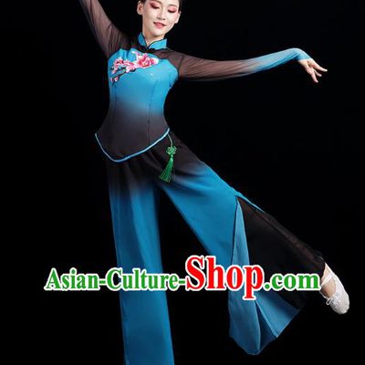China Folk Dance Competition Clothing Group Fan Dance Costume Yangko Dance Blue Outfits