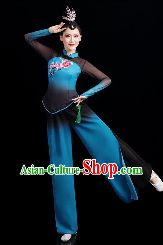 China Folk Dance Competition Clothing Group Fan Dance Costume Yangko Dance Blue Outfits China Folk Dance Competition Clothing Group Fan Dance Costume Yangko Dance Blue Outfits
