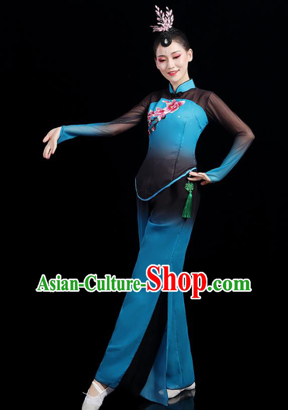 China Folk Dance Competition Clothing Group Fan Dance Costume Yangko Dance Blue Outfits China Folk Dance Competition Clothing Group Fan Dance Costume Yangko Dance Blue Outfits